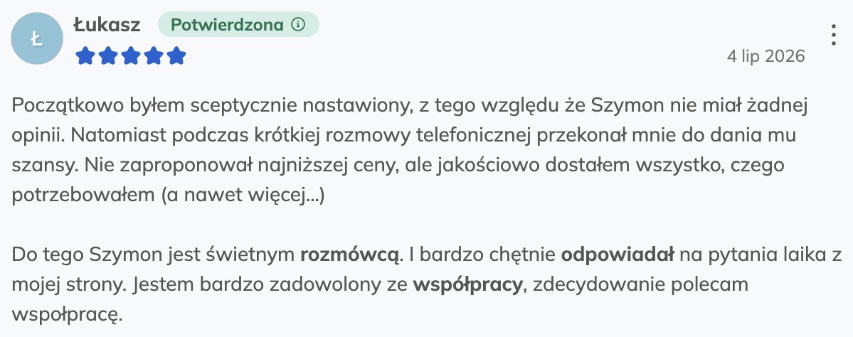 Opinia klienta Łukasz — 5 gwiazdek, Oferteo: „Jestem bardzo zadowolony ze współpracy, zdecydowanie polecam współpracę.”
